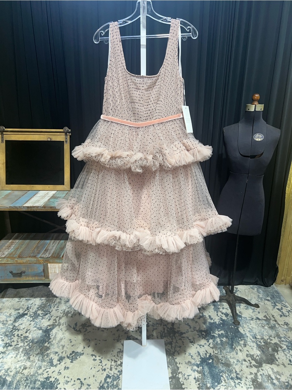 Mac Duggal 20776 NWT Pink Sleeveless Dot Net Ruffle Dress - Picture 5 of 10